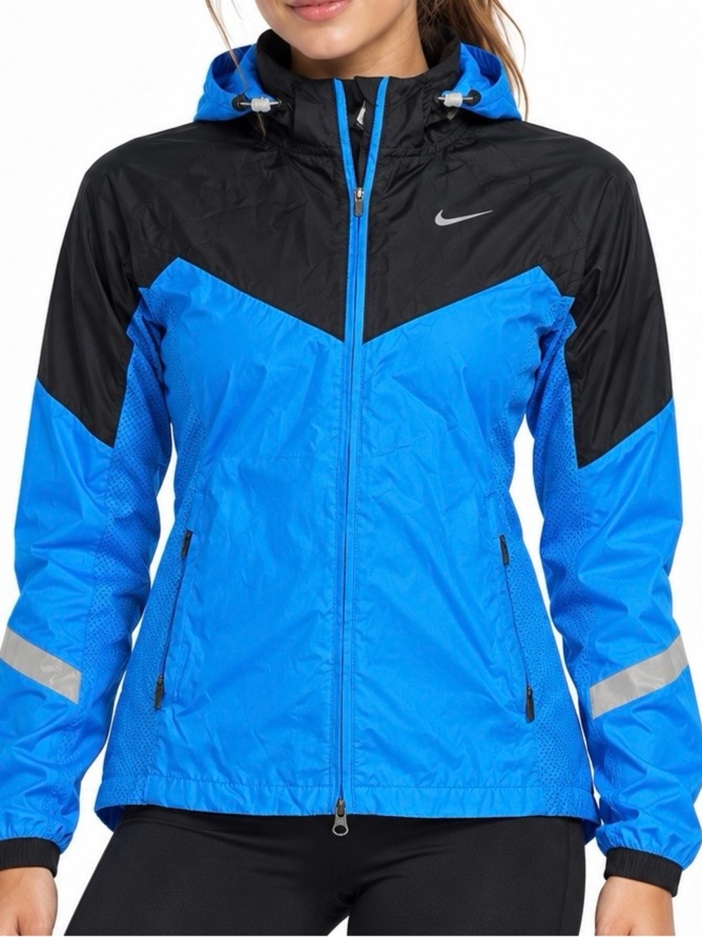 Nike Running Windbreaker Jacket Blue Black Reflective Hooded XS